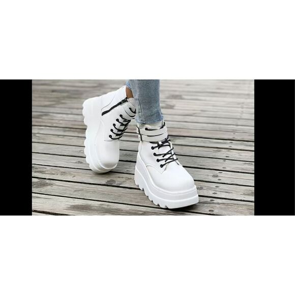 White platform, wedge, heeled punk style boots with Side buckles black zipper an - Picture 3 of 11